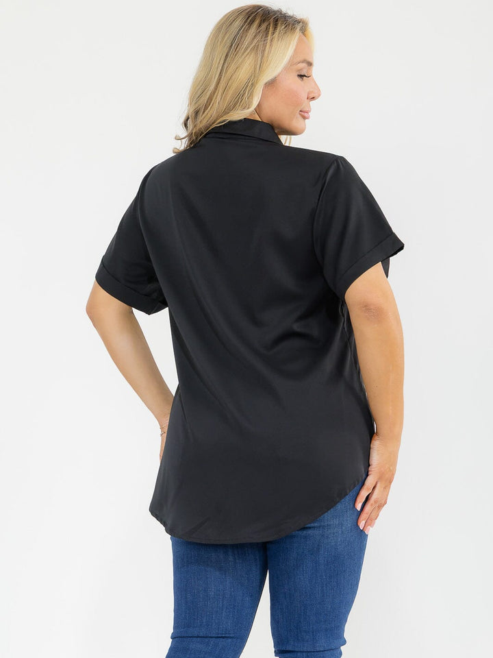 PLUS SIZE SHORT SLEEVE BUTTON UP FRONT POCKETS HIGH-LOW STUDS BLOUSE