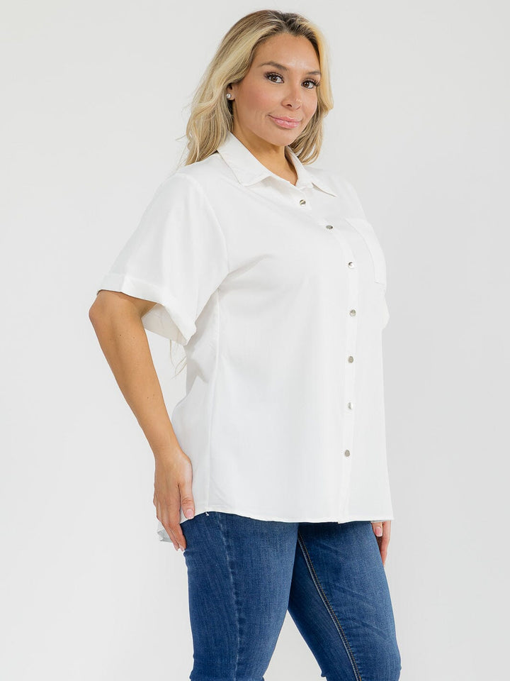 PLUS SIZE SHORT SLEEVE BUTTON UP FRONT POCKET HEART BLOUSE