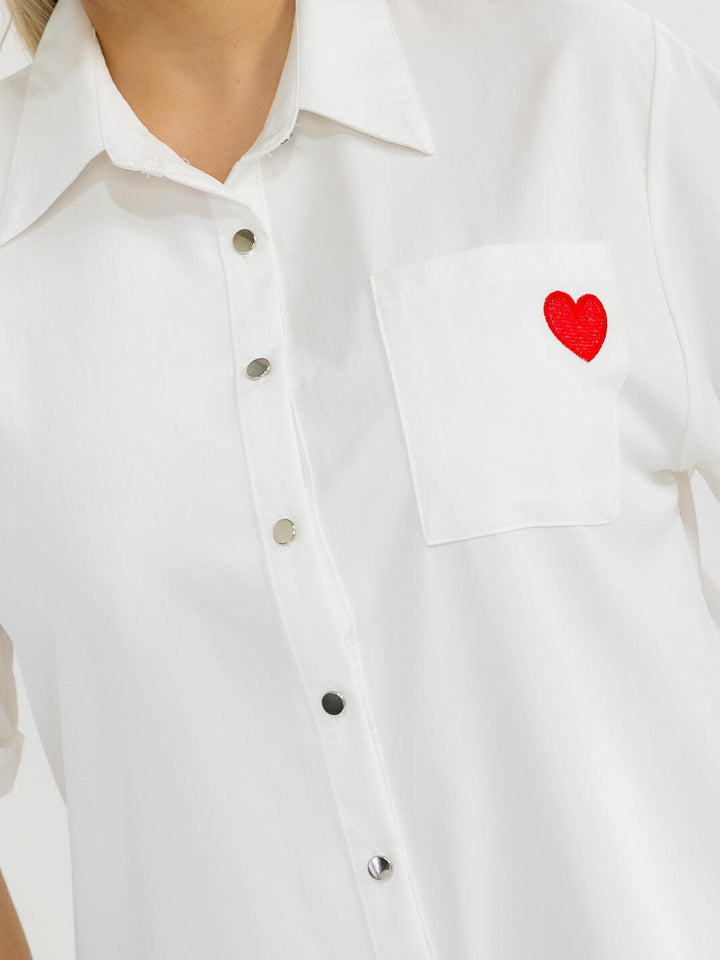 PLUS SIZE SHORT SLEEVE BUTTON UP FRONT POCKET HEART BLOUSE