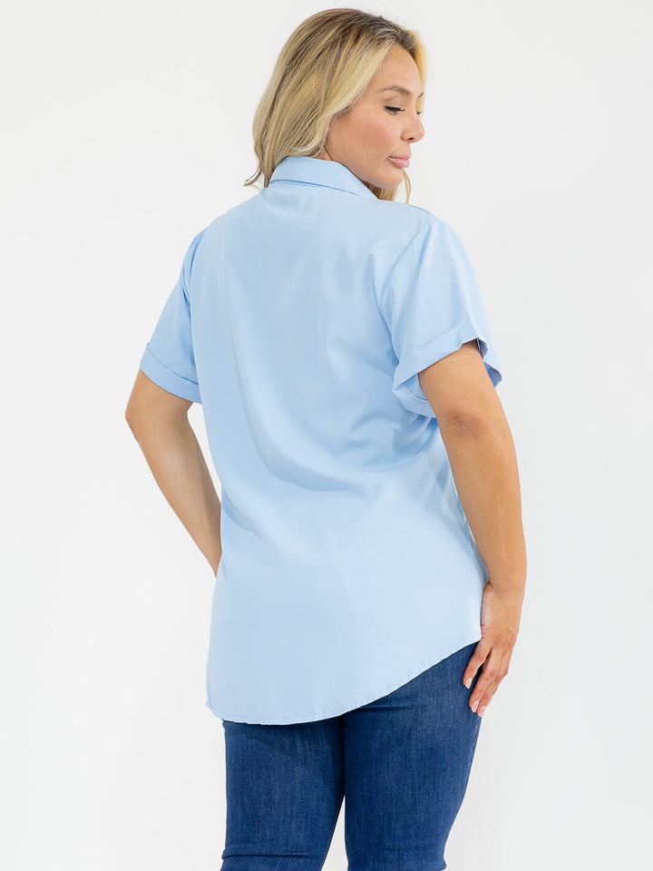 PLUS SIZE SHORT SLEEVE BUTTON UP STUDS HEART BLOUSE