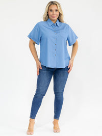 PLUS SIZE SHORT SLEEVE BUTTON UP FRONT POCKET HIGH LOW BLOUSE