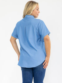 PLUS SIZE SHORT SLEEVE BUTTON UP FRONT POCKET HIGH LOW BLOUSE