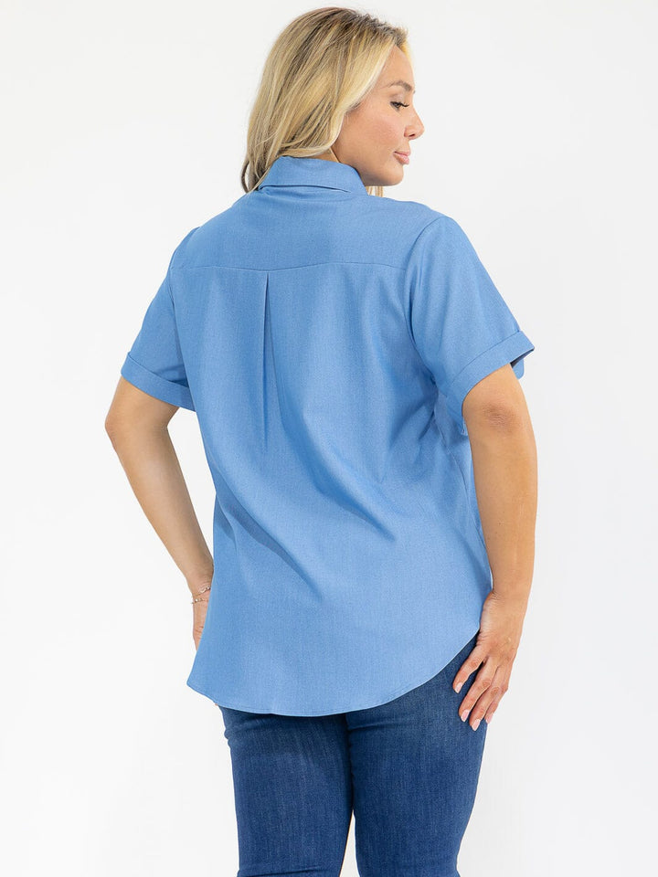 PLUS SIZE SHORT SLEEVE BUTTON UP FRONT POCKET HIGH LOW BLOUSE