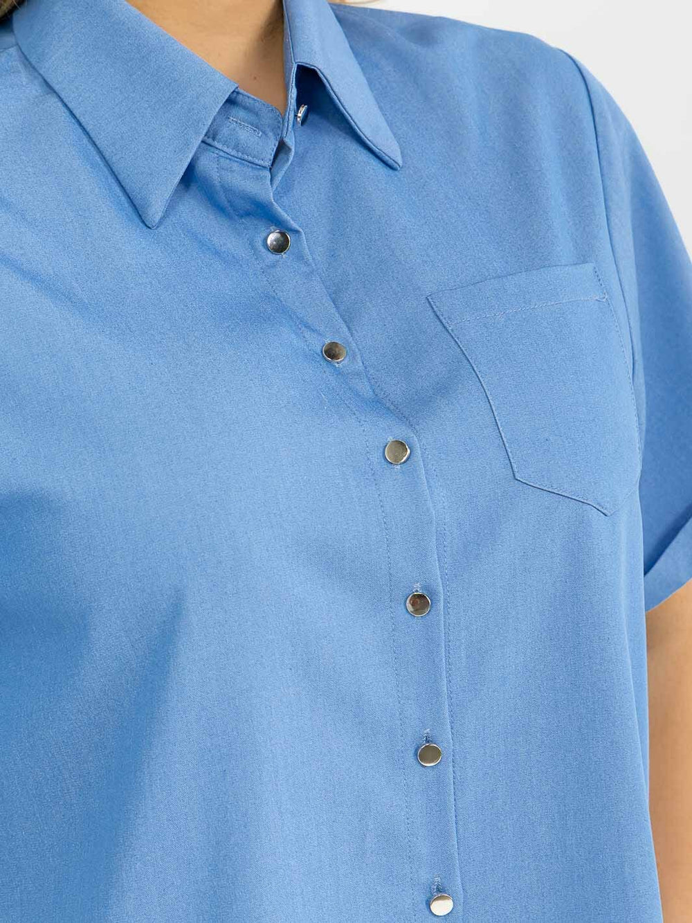 PLUS SIZE SHORT SLEEVE BUTTON UP FRONT POCKET HIGH LOW BLOUSE