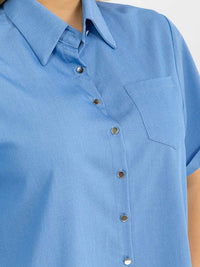 PLUS SIZE SHORT SLEEVE BUTTON UP FRONT POCKET HIGH LOW BLOUSE