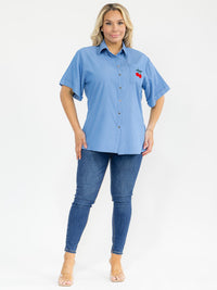PLUS SIZE SHORT SLEEVE BUTTON UP FRONT POCKET CHERRY BLOUSE