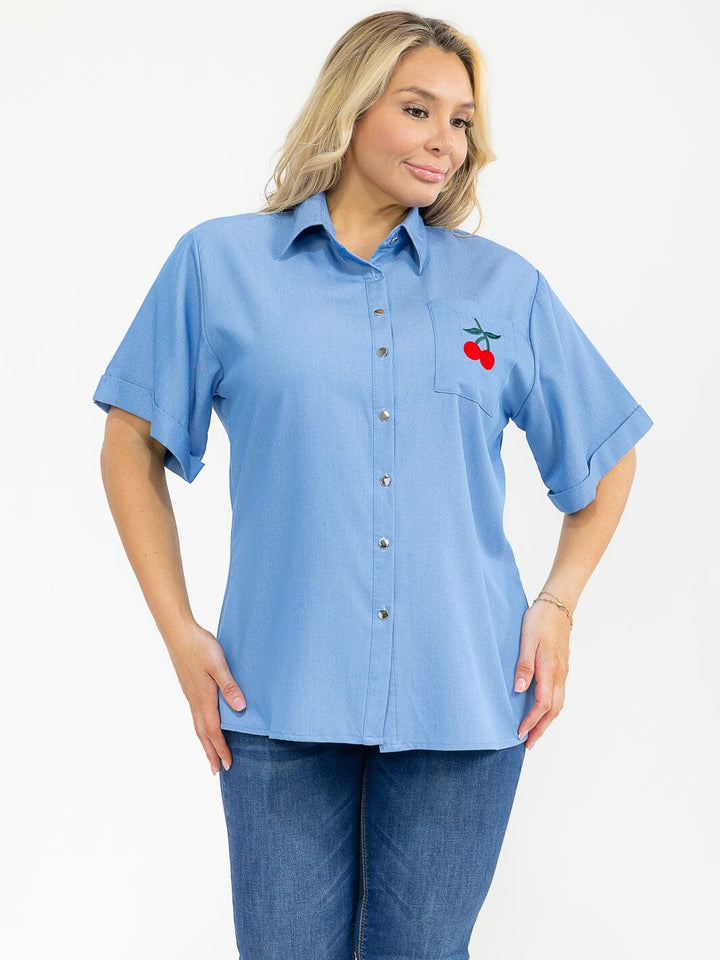 PLUS SIZE SHORT SLEEVE BUTTON UP FRONT POCKET CHERRY BLOUSE