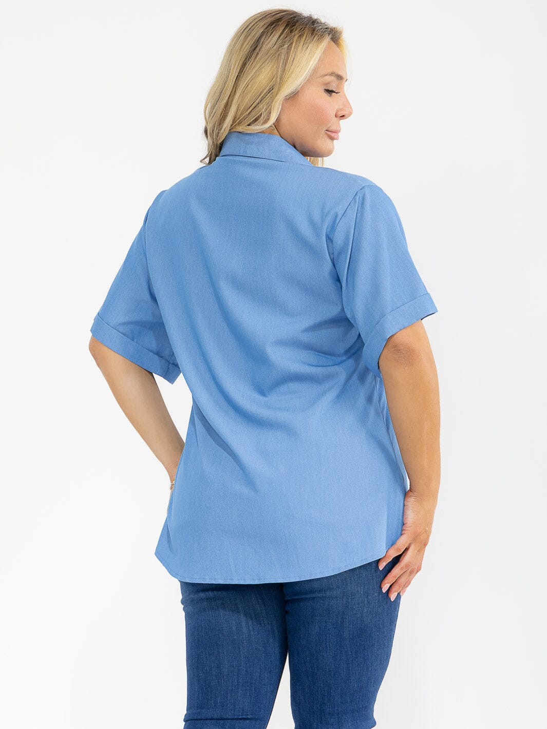 PLUS SIZE SHORT SLEEVE BUTTON UP FRONT POCKET CHERRY BLOUSE