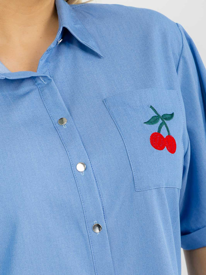 PLUS SIZE SHORT SLEEVE BUTTON UP FRONT POCKET CHERRY BLOUSE