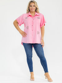 PLUS SIZE SHORT SLEEVE BUTTON UP STUDS HEART BLOUSE