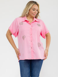 PLUS SIZE SHORT SLEEVE BUTTON UP STUDS HEART BLOUSE