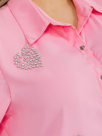 PLUS SIZE SHORT SLEEVE BUTTON UP STUDS HEART BLOUSE