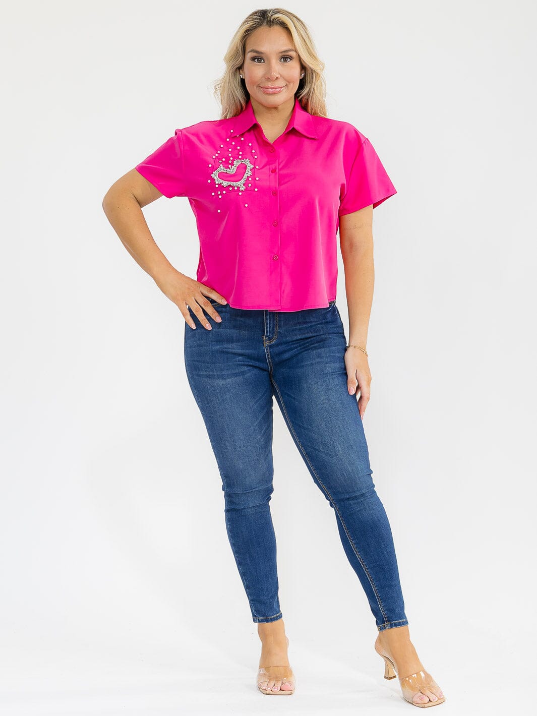 PLUS SIZE SHORT SLEEVE BUTTON UP FRONT POCKET SEQUINS HEART BLOUSE
