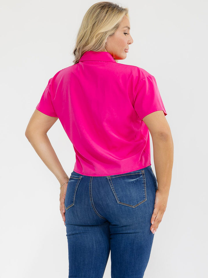 PLUS SIZE SHORT SLEEVE BUTTON UP FRONT POCKET SEQUINS HEART BLOUSE