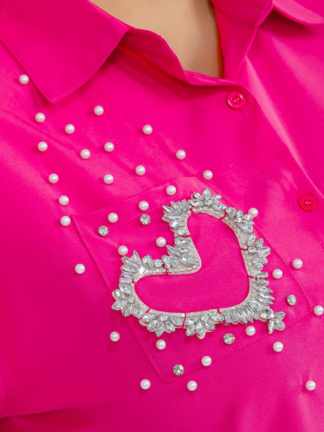 PLUS SIZE SHORT SLEEVE BUTTON UP FRONT POCKET SEQUINS HEART BLOUSE