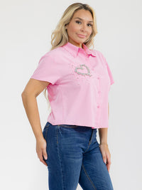 PLUS SIZE SHORT SLEEVE BUTTON UP FRONT POCKET SEQUINS HEART BLOUSE
