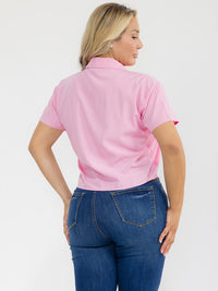 PLUS SIZE SHORT SLEEVE BUTTON UP FRONT POCKET SEQUINS HEART BLOUSE