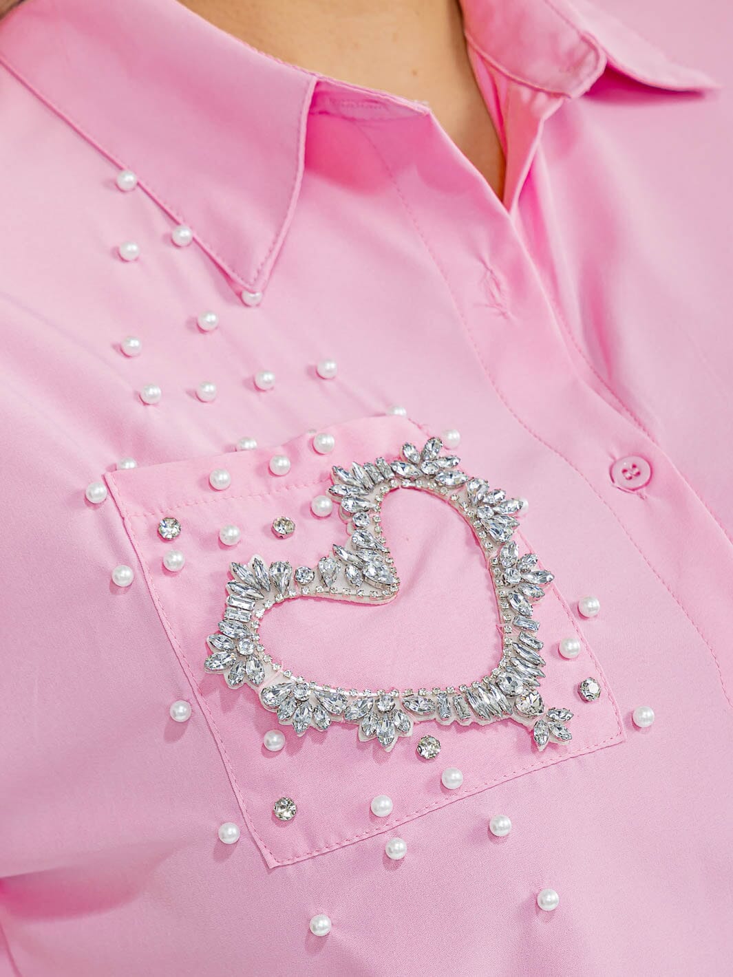 PLUS SIZE SHORT SLEEVE BUTTON UP FRONT POCKET SEQUINS HEART BLOUSE