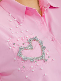 PLUS SIZE SHORT SLEEVE BUTTON UP FRONT POCKET SEQUINS HEART BLOUSE