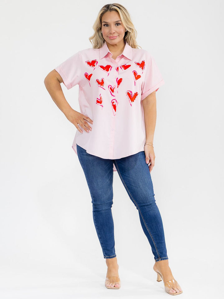 PLUS SIZE SHORT SLEEVE BUTTON UP STUDS HEART PRINT BLOUSE
