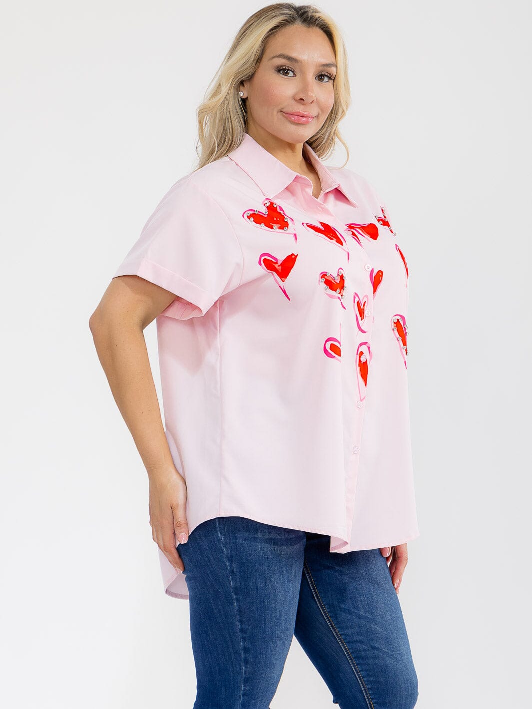 PLUS SIZE SHORT SLEEVE BUTTON UP STUDS HEART PRINT BLOUSE