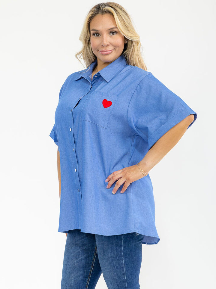 PLUS SIZE SHORT SLEEVE BUTTON UP FRONT POCKET HEART BLOUSE
