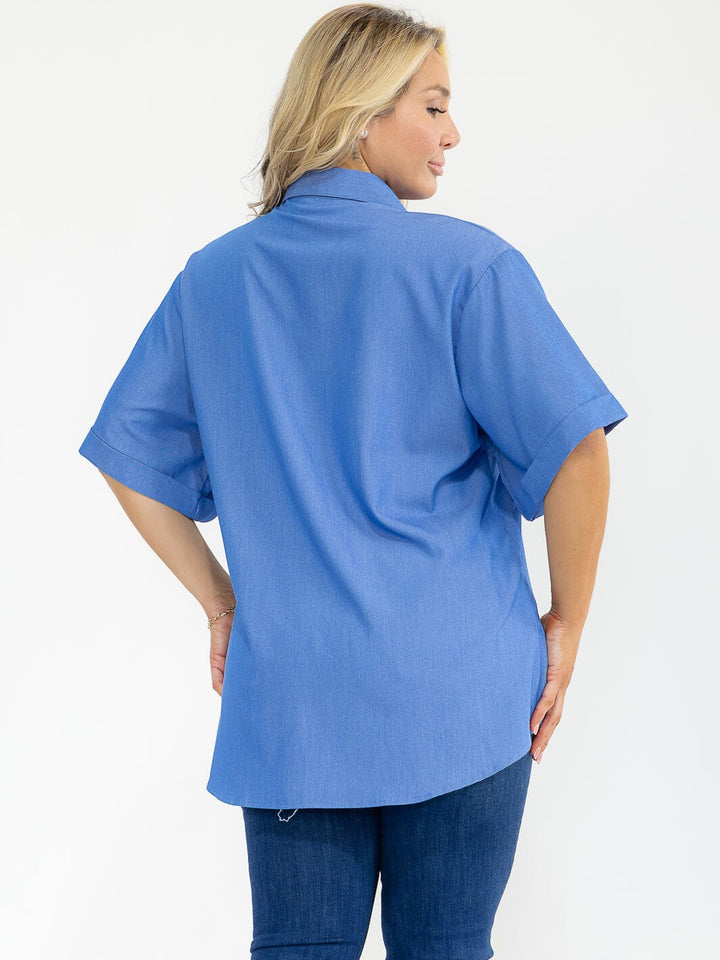 PLUS SIZE SHORT SLEEVE BUTTON UP FRONT POCKET HEART BLOUSE