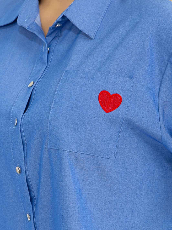 PLUS SIZE SHORT SLEEVE BUTTON UP FRONT POCKET HEART BLOUSE
