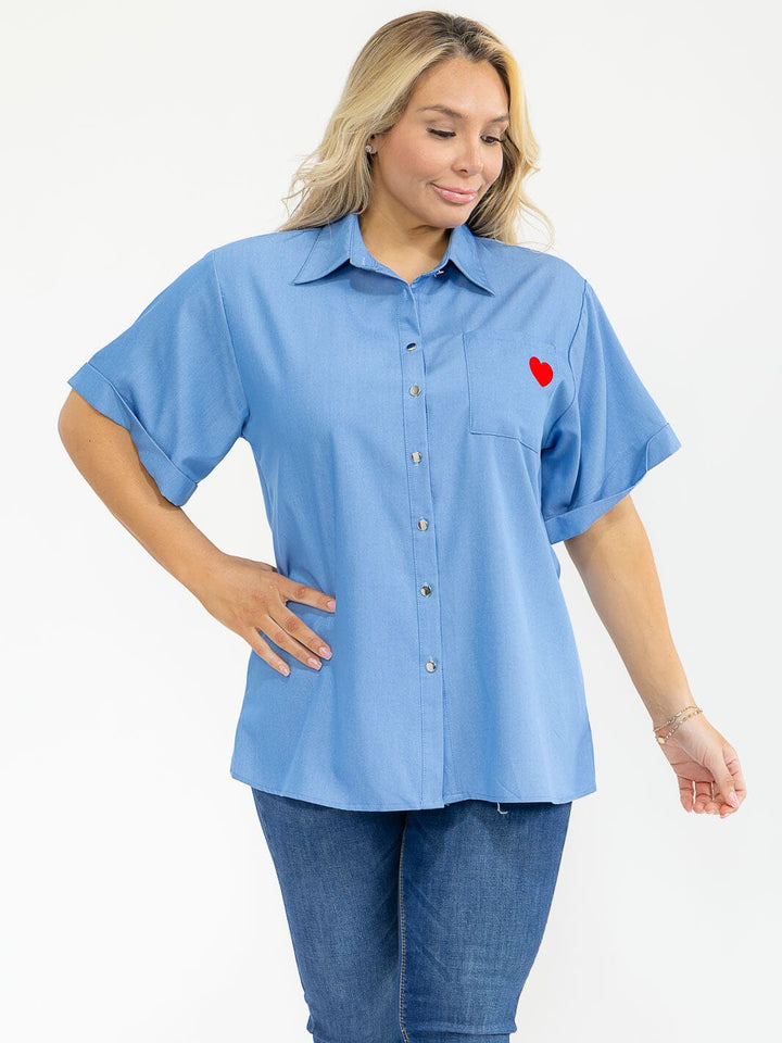 PLUS SIZE SHORT SLEEVE BUTTON UP FRONT POCKET HEART BLOUSE