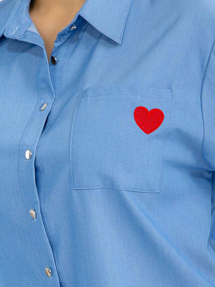 PLUS SIZE SHORT SLEEVE BUTTON UP FRONT POCKET HEART BLOUSE