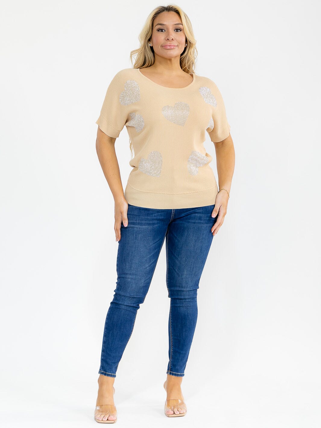 PLUS SIZE SHORT SLEEVE RIBBED SEQUINS HEART PRINT BLOUSE