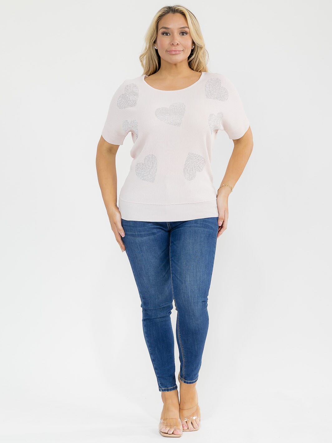 PLUS SIZE SHORT SLEEVE RIBBED SEQUINS HEART PRINT BLOUSE