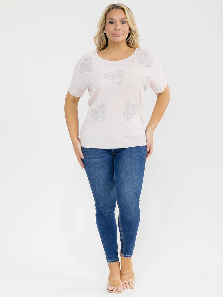 PLUS SIZE SHORT SLEEVE RIBBED SEQUINS HEART PRINT BLOUSE