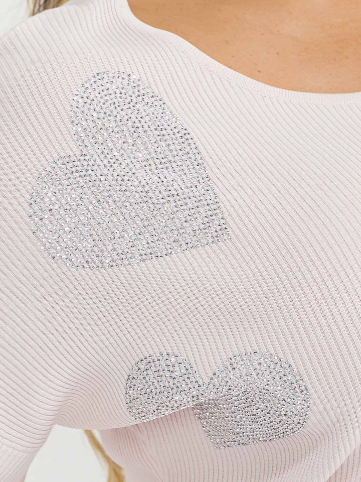 PLUS SIZE SHORT SLEEVE RIBBED SEQUINS HEART PRINT BLOUSE