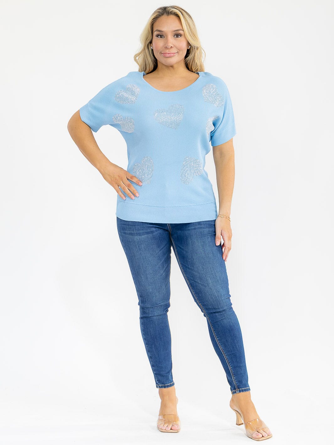 PLUS SIZE SHORT SLEEVE RIBBED SEQUINS HEART PRINT BLOUSE