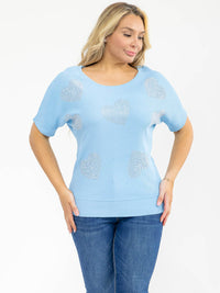 PLUS SIZE SHORT SLEEVE RIBBED SEQUINS HEART PRINT BLOUSE