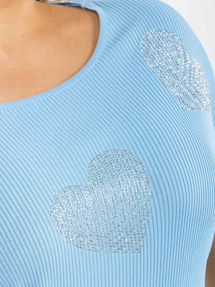 PLUS SIZE SHORT SLEEVE RIBBED SEQUINS HEART PRINT BLOUSE