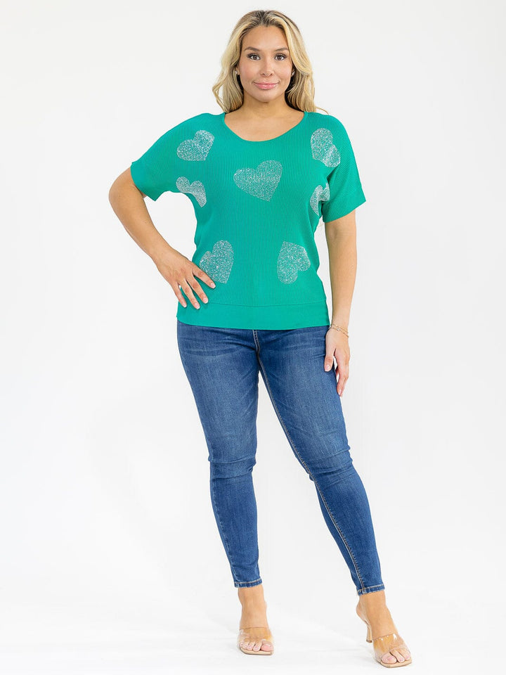PLUS SIZE SHORT SLEEVE RIBBED SEQUINS HEART PRINT BLOUSE