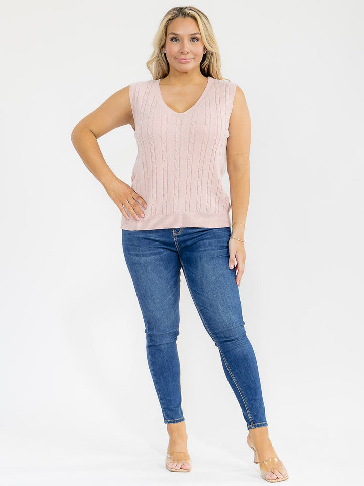 PLUS SIZE SLEEVELESS V-NECK CABLE KNIT TOP
