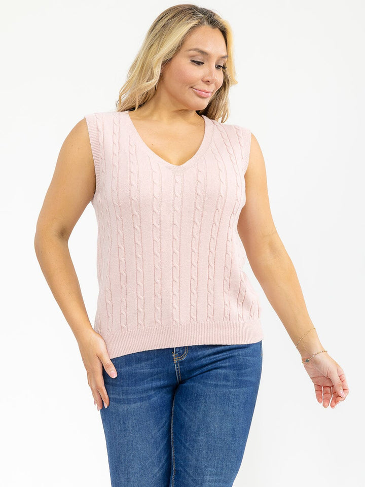 PLUS SIZE SLEEVELESS V-NECK CABLE KNIT TOP