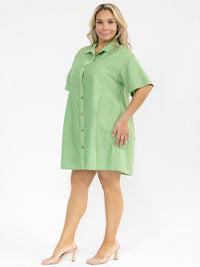 PLUS SIZE SHORT SLEEVE BUTTON UP SHIMMER STRIPES LOOSE FIT MINI DRESS