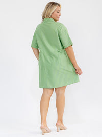 PLUS SIZE SHORT SLEEVE BUTTON UP SHIMMER STRIPES LOOSE FIT MINI DRESS