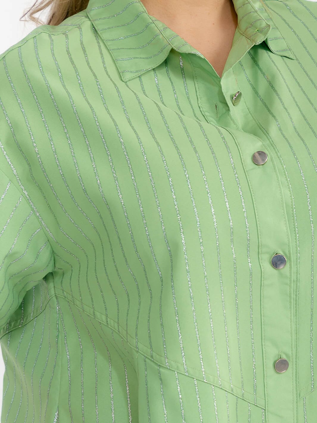 PLUS SIZE SHORT SLEEVE BUTTON UP SHIMMER STRIPES LOOSE FIT MINI DRESS