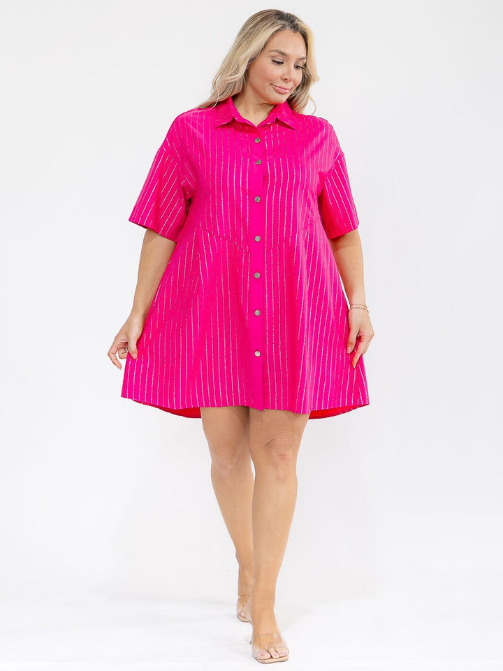 PLUS SIZE SHORT SLEEVE BUTTON UP SHIMMER STRIPES LOOSE FIT MINI DRESS