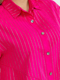 PLUS SIZE SHORT SLEEVE BUTTON UP SHIMMER STRIPES LOOSE FIT MINI DRESS