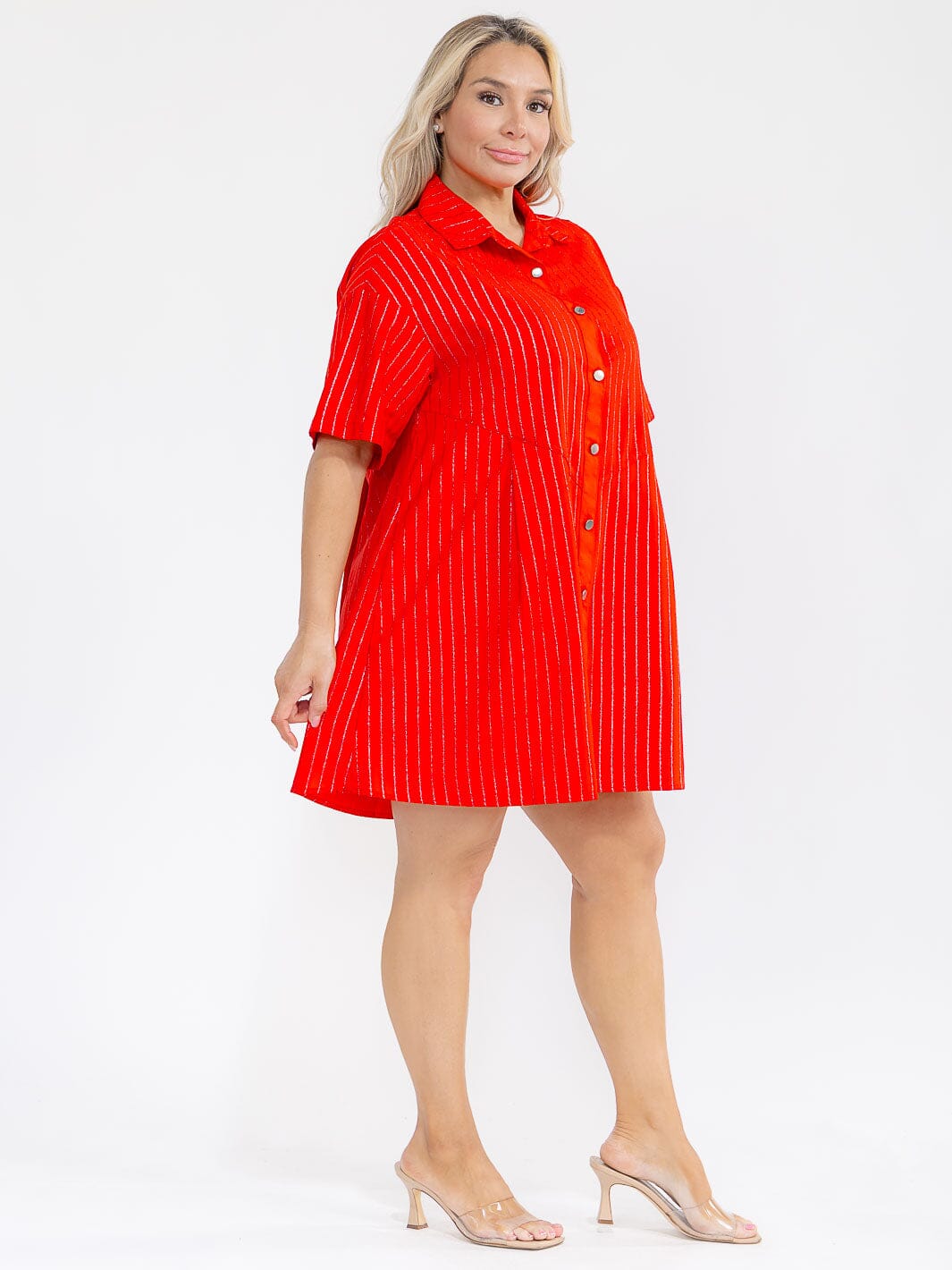 PLUS SIZE SHORT SLEEVE BUTTON UP SHIMMER STRIPES LOOSE FIT MINI DRESS