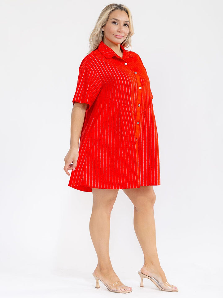 PLUS SIZE SHORT SLEEVE BUTTON UP SHIMMER STRIPES LOOSE FIT MINI DRESS