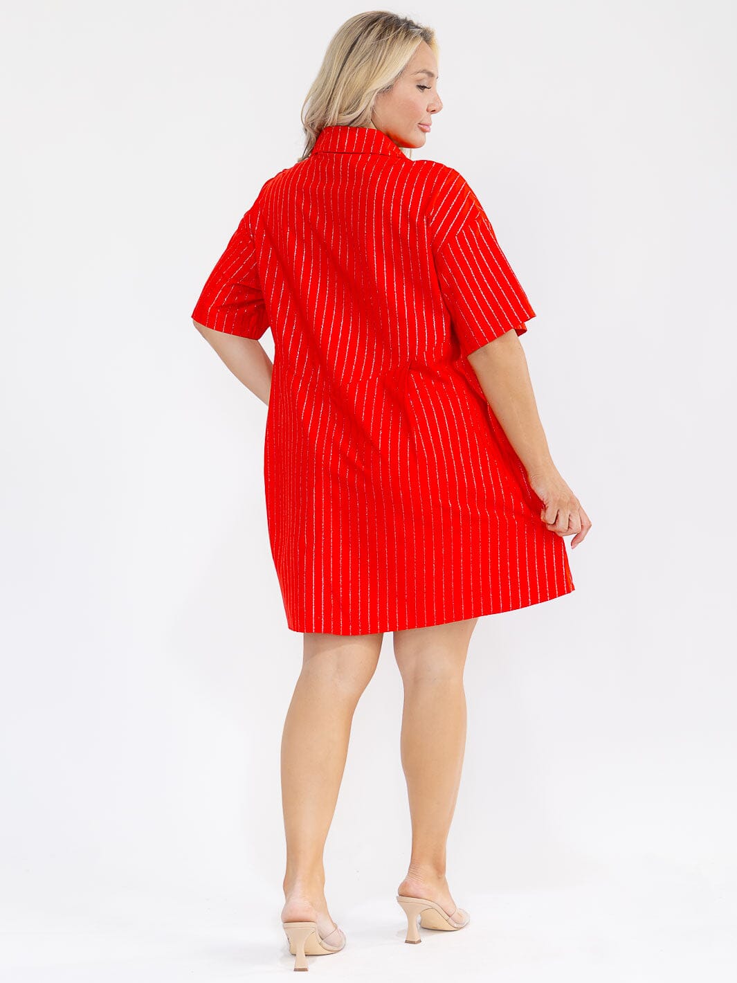 PLUS SIZE SHORT SLEEVE BUTTON UP SHIMMER STRIPES LOOSE FIT MINI DRESS
