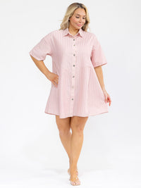 PLUS SIZE SHORT SLEEVE BUTTON UP SHIMMER STRIPES LOOSE FIT MINI DRESS