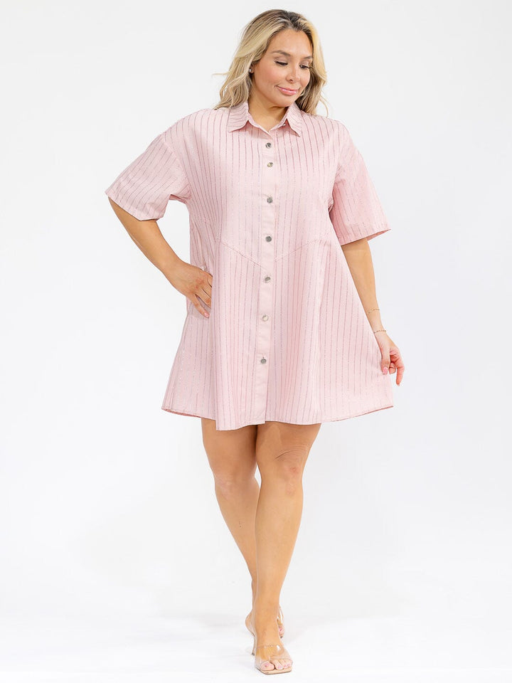 PLUS SIZE SHORT SLEEVE BUTTON UP SHIMMER STRIPES LOOSE FIT MINI DRESS